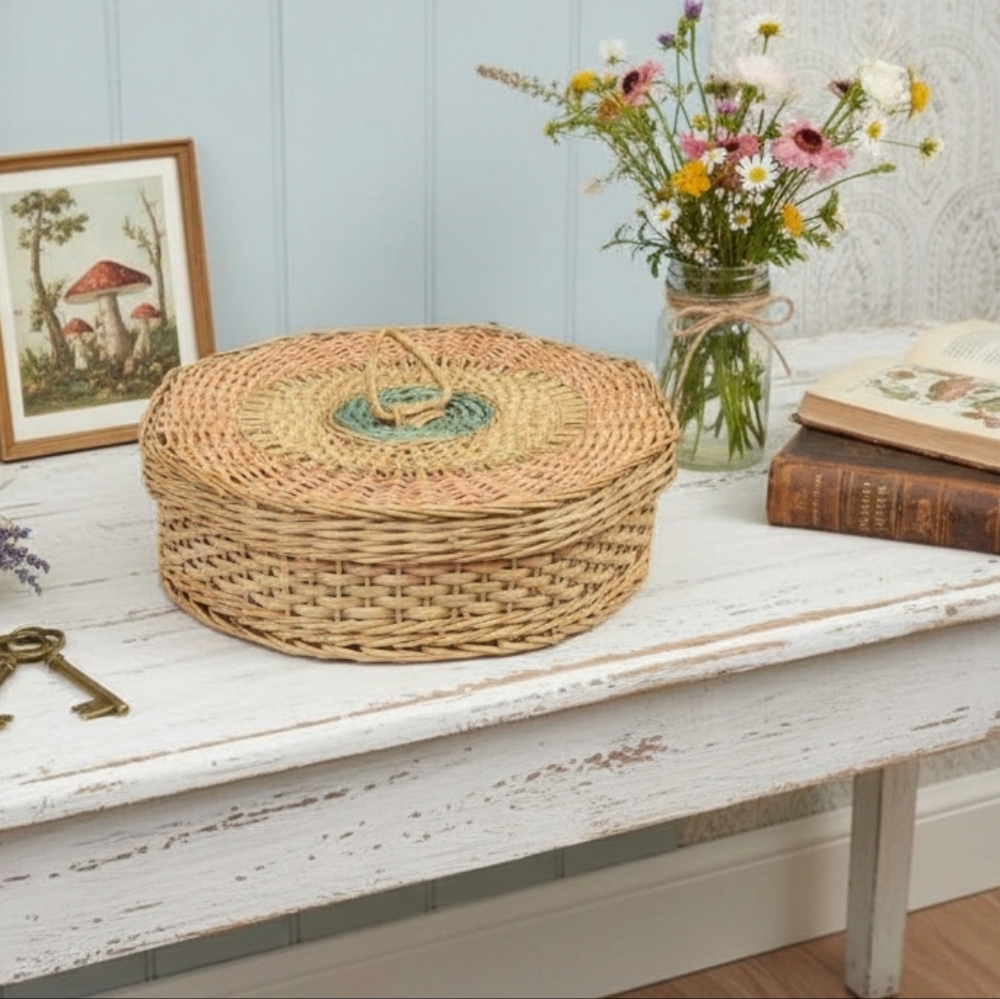 Vintage Large 13"Octagon Wicker Woven Basket & Lid Cottagecore Bohemian 80s Vibe